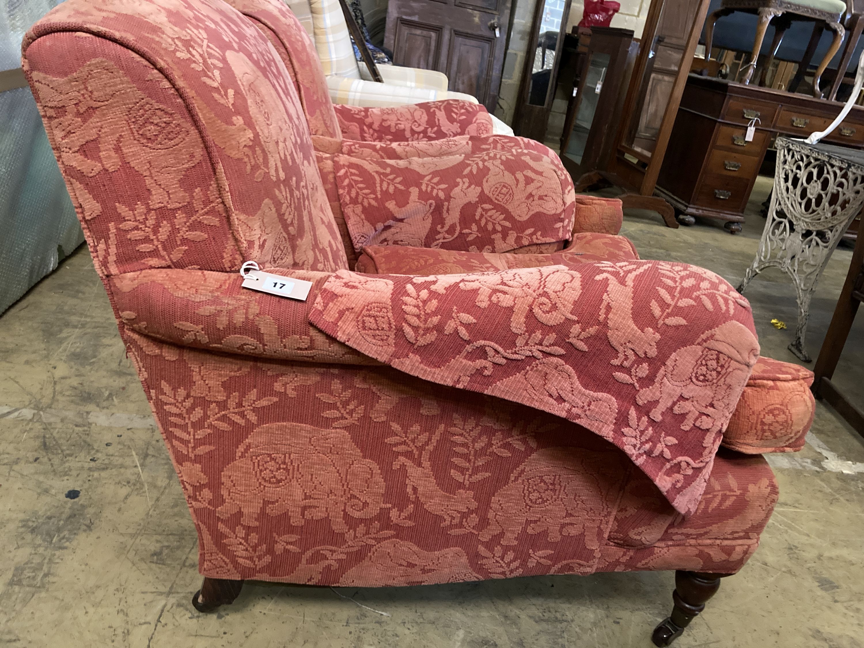 A pair of late Victorian style upholstered lounge armchairs, width 88cm, depth 98cm, height 83cm